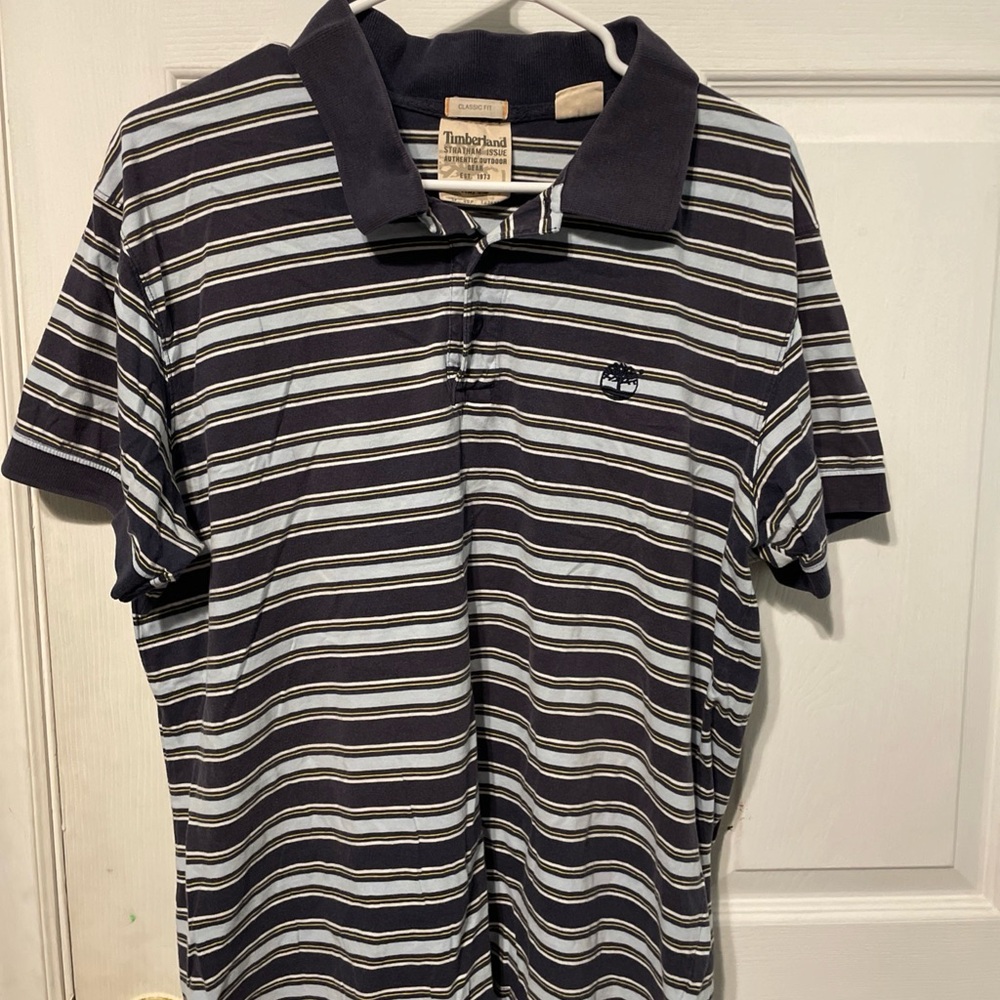 Timberland Men's Polo Shirt - Navy and White Stripes